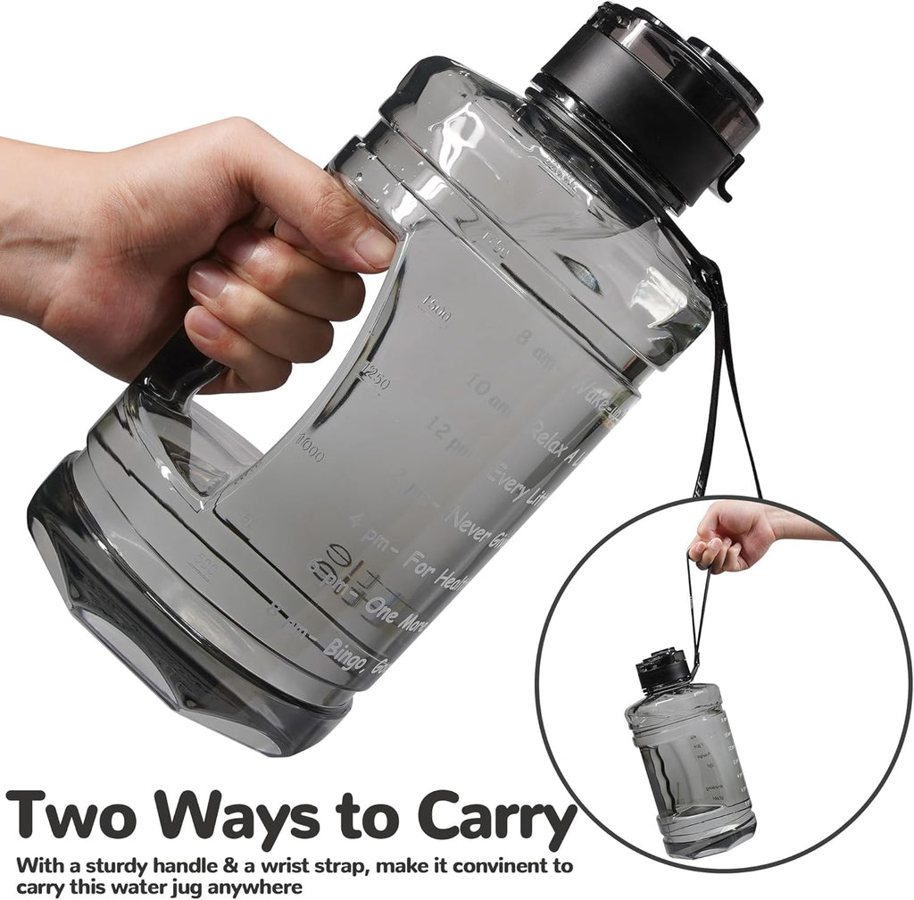 Large Water Bottle with Motivational Time Marker, 74oz Water Jug with Handle Leak-Proof, Clear Sport half gallon water Bottle for Gym Camping Workout Outdoors