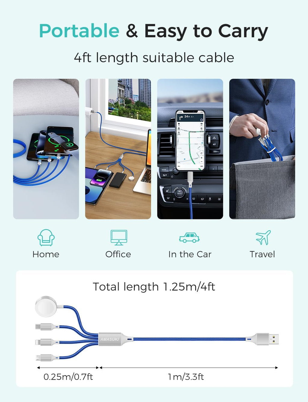 Travel Essentials,4 in 1 for Apple Watch Charger/iPhone Charger/Multi Charging Cable,Vacation RV Camping Essentials,USB C/L/Micro Portable Charger for iWatch 11-1/iPhone 17-12,Car&Gift-Blue