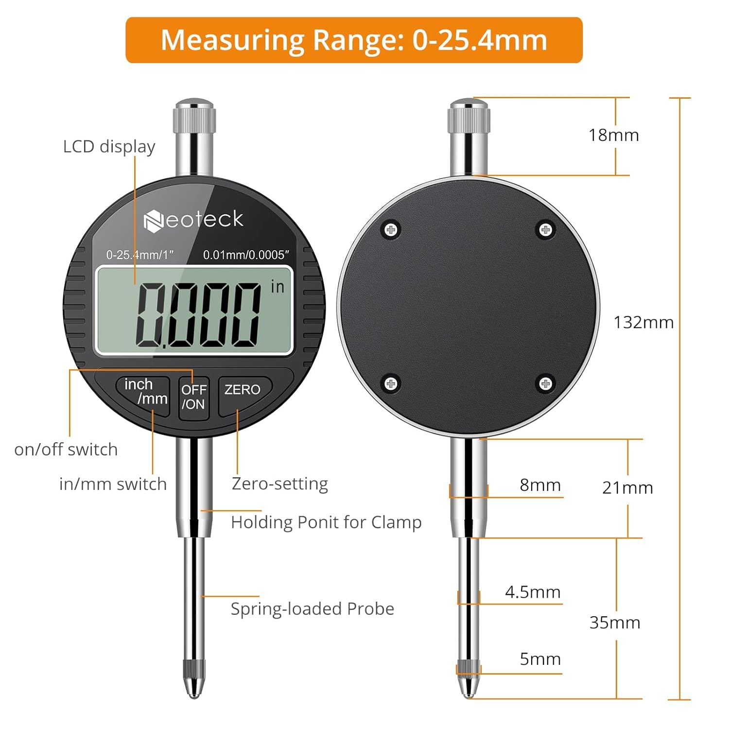 Neoteck Digital Dial Indicator Gauge and Magnetic Base Set with Storage Case 0-1 inch/25.4mm,0.01mm/0.0005" Inch/Metric Conversion Measuring Tool for 3D Printer Lathe Workshop CNC Machine-Black
