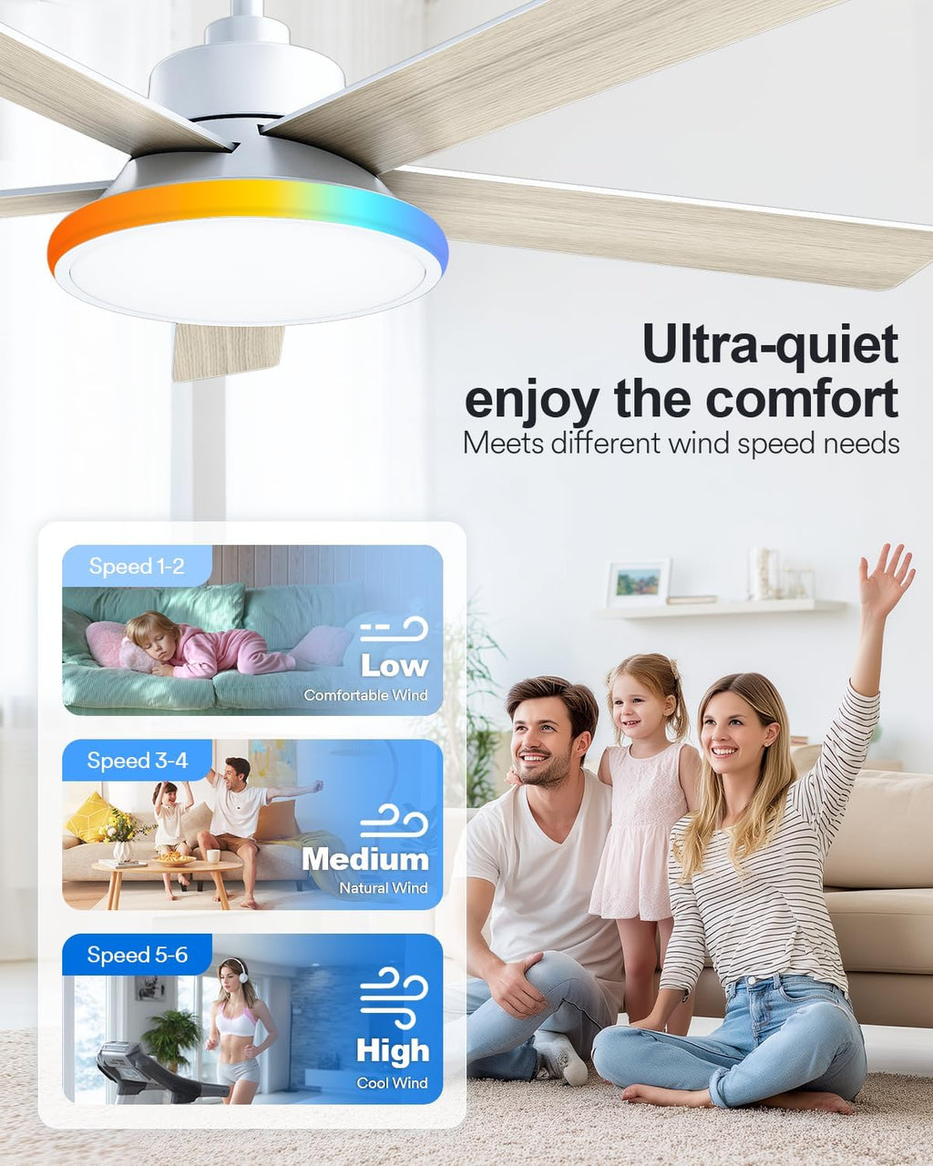 Lumary 52'' Smart Ceiling Fan with RGBAI Lights Remote, RGB & Stepless Color Temperature, Work with Alexa/Google/App, 46 Scenes, Modern Flush Mount Low Profile Ceiling Fan for Bedroom Kids Room, White