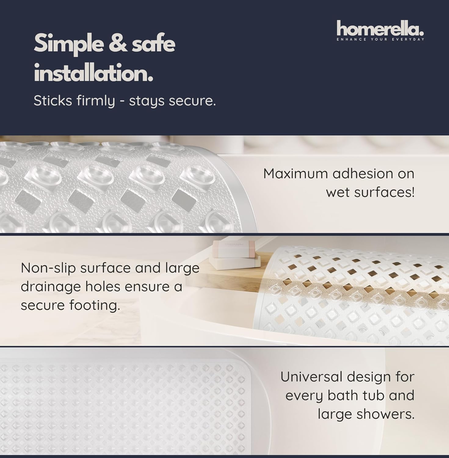 homerella® Bathtub Mat Non Slip 35x16, Incl. Hooks for Drying, Extra Long, 100% BPA Free, Shower Mat Non Slip Anti Mold, Machine Washable, Shower Mats for Inside Shower Mildew Resistant