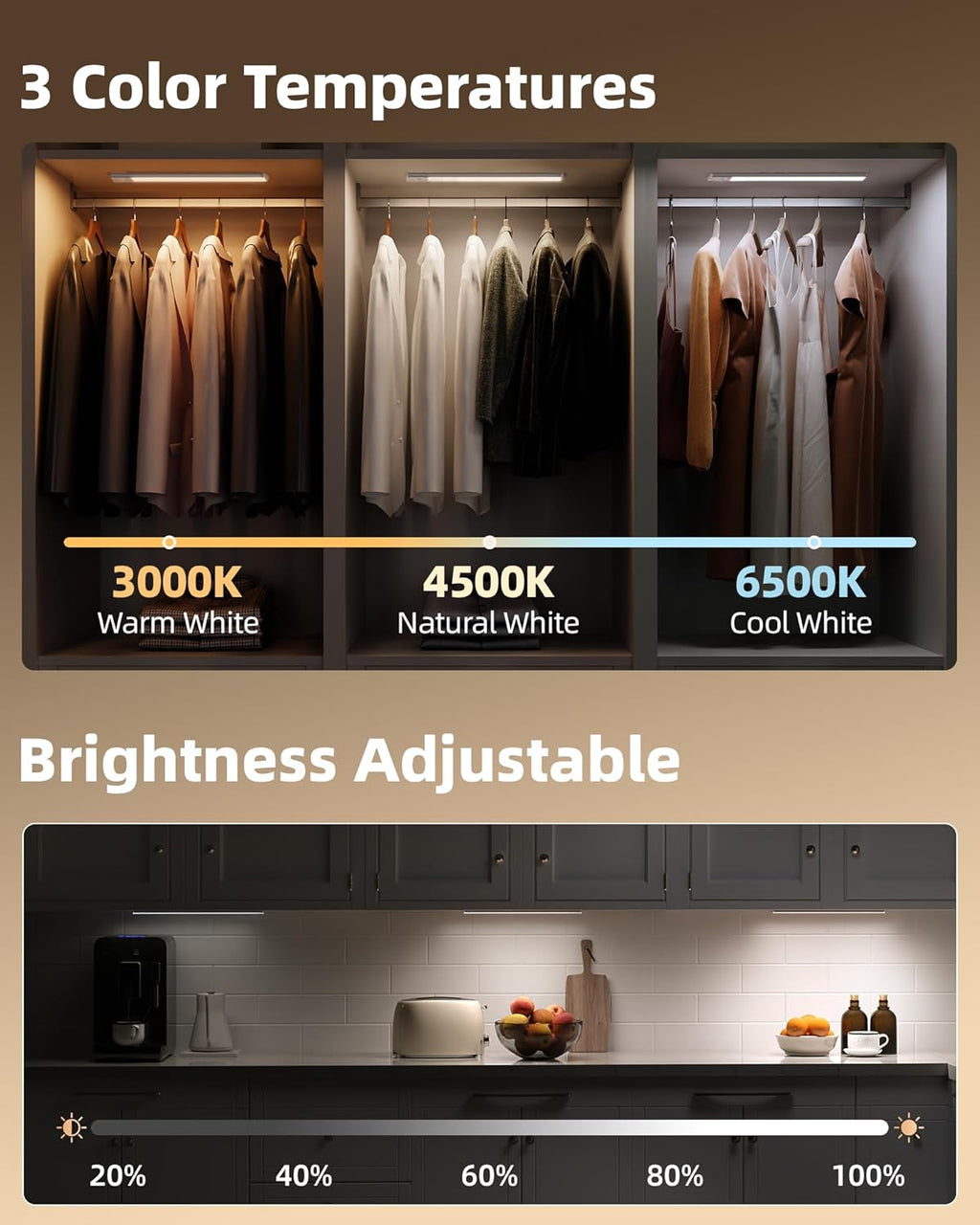 EZVALO 4-Pack Under Cabinet Lighting, 4000mAh Rechargeable Motion Sensor Light Indoor, with Dimmable & 3 Color Temps, Magnetic Closet Lights, Wireless Under Counter Lights for Kitchen (16.5inch)