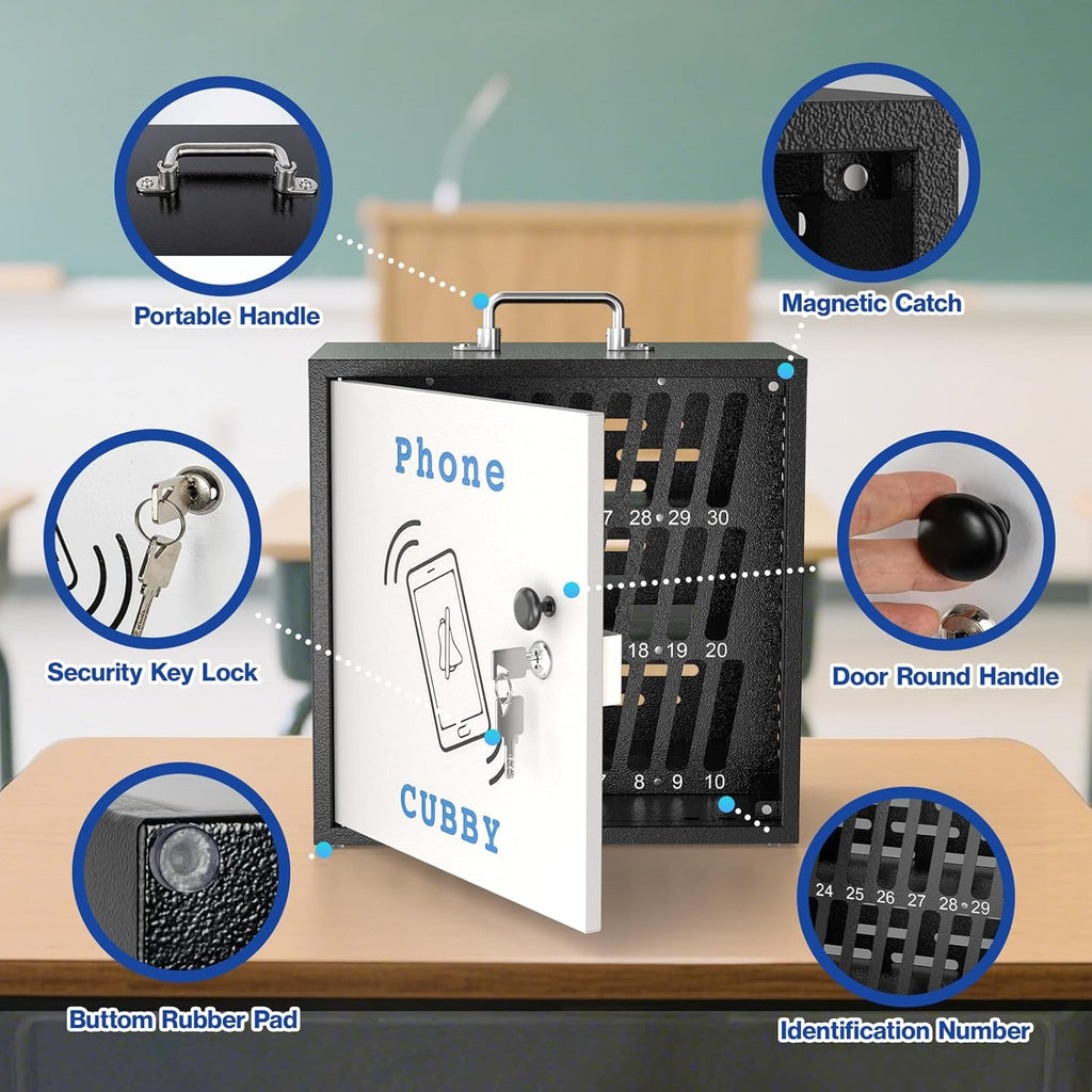 POCHAR Metal Cell Phone Storage Cabinet with Lock 30 Slots Desktop Holder for Classroom and Office,Wall-Mounted Phone Box, Portable Cell Phone Cubby