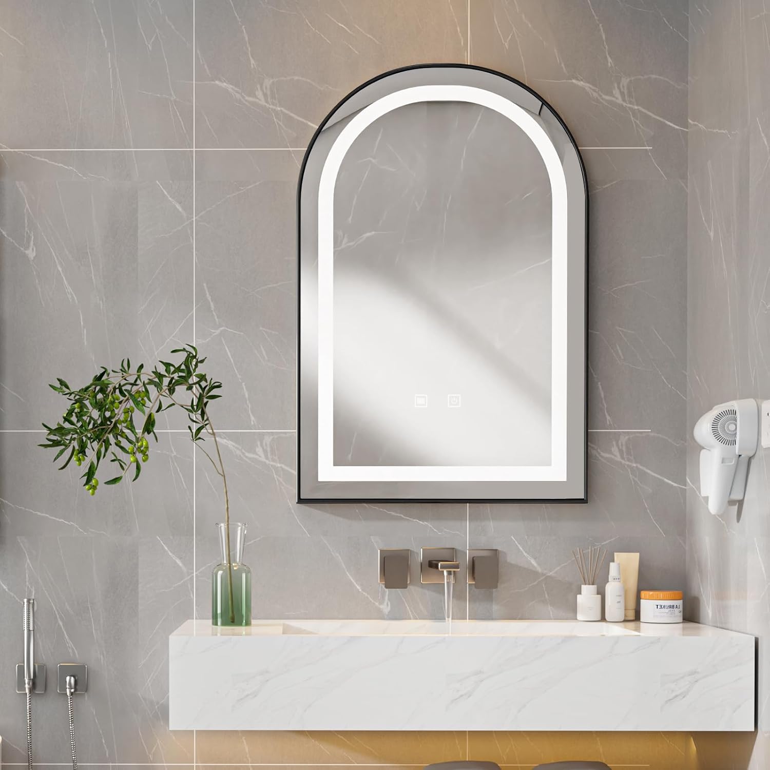 LED Bathroom Mirrors with Lights,24"x36"Black Arched Mirror for Bathroom,Fogless,3 Colors Dimmable,Anti-Fog,Wall Mounted Lighted Vanity Mirror,Black