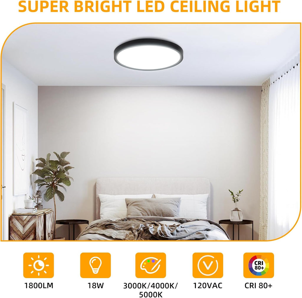 Hlite 6pack 9 Inch Flush Mount LED Ceiling Light Fixture,18W 1800LM Super Slim Light Fixtures Ceiling Mount 3000K/4000K/5000K 3CCT Selectable,Light Fixtures for Kitchen,Bedroom(Black)
