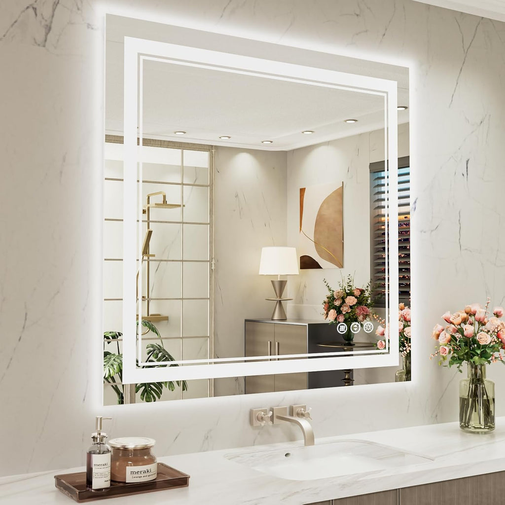 40 x 38 Inch LED Bathroom Mirror, Front Light and Backlit Anti-Fog Dimmable Memory Lighted Vanity Mirror, Shatterproof Wall-Mounted Led Mirror for Bathroom