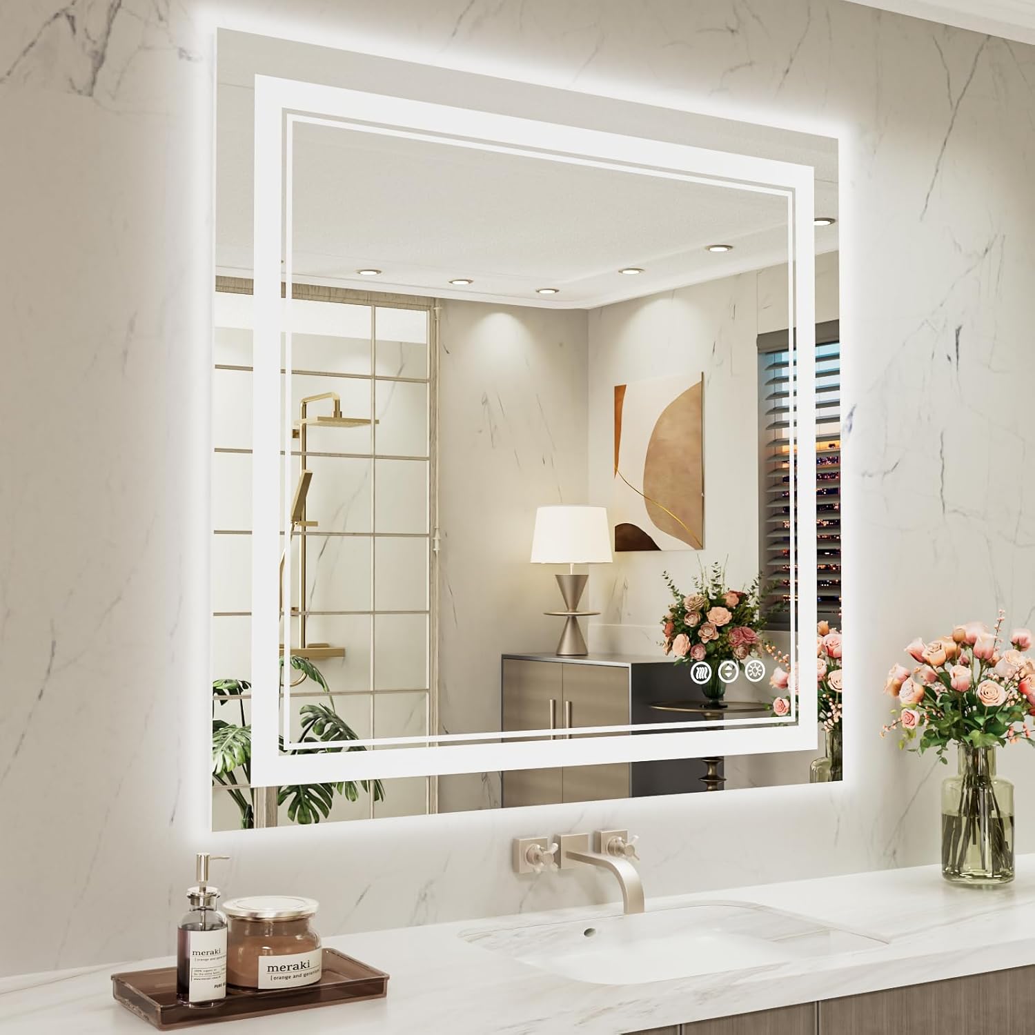 40 x 38 Inch LED Bathroom Mirror, Front Light and Backlit Anti-Fog Dimmable Memory Lighted Vanity Mirror, Shatterproof Wall-Mounted Led Mirror for Bathroom