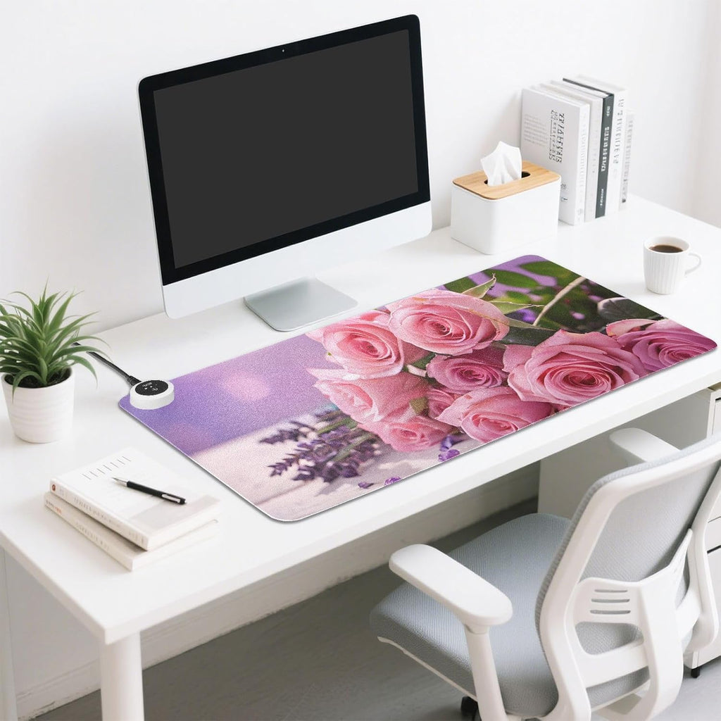 Large Heated Mouse Pad,Leather Desk Mat,31.5"x13",Hand Warmer Pads for Desk,Rose Lavender(Pink)