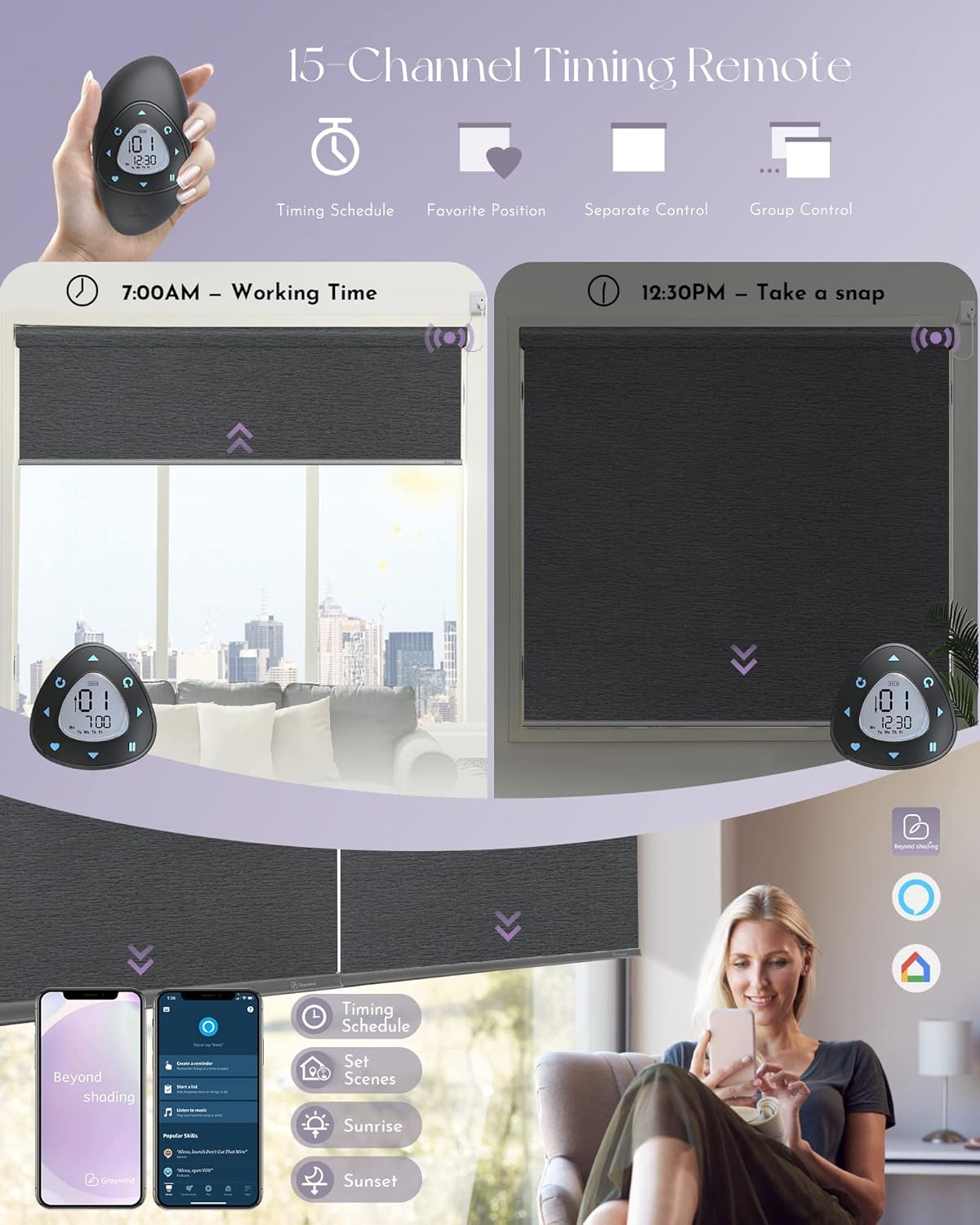 Graywind Smart Blackout Roller Shades Compatible with Alexa Google WiFi Hardwired Textured Fabric Motorized Blinds Remote Window Shades, Custom Size (Frequency Nero)