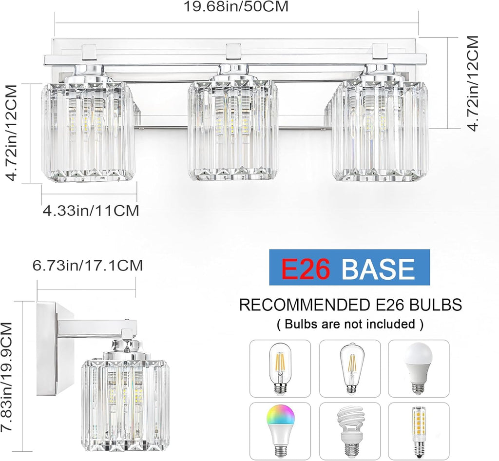 Crystal Bathroom Light Fixtures, 3 Light Chrome Vanity Lighting Over Mirror with Crystal Shades, Modern Bathroom Vanity Light for Restroom, Bath, Cabinet and Powder Room