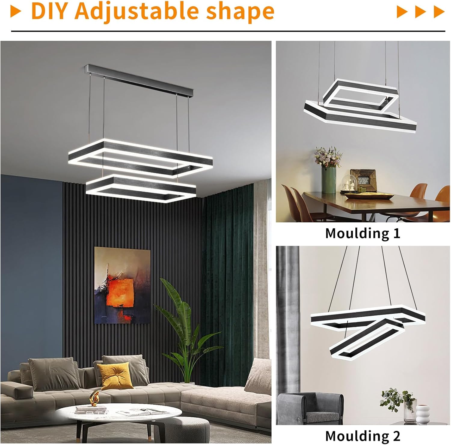 Modern LED Chandelier, Double Rectangles Ceiling Pendant Lights, LED Island Lights Dimmable Chandeliers for Dining Room Living Room Bedrooms, Black (40CM/60CM)