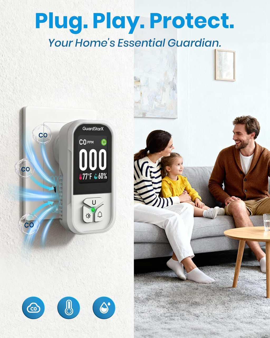 X-100D 3-in-1 Carbon Monoxide Detectors Plug in, 180°Rotating Display, Portable Carbon Monoxide Detector for Travel, CO Detector with Triple Alerts, Early Warning for Home, RV, Hotel - White