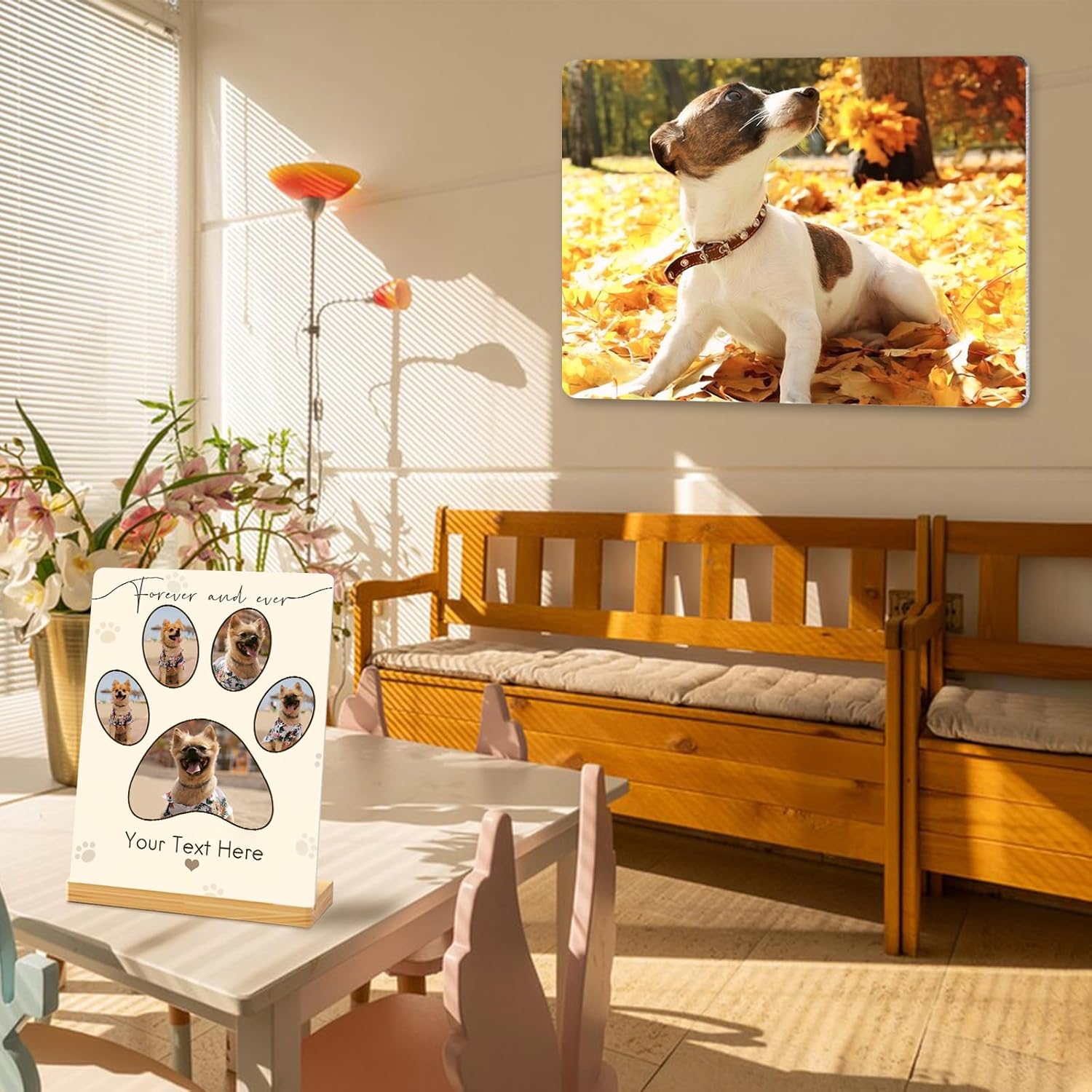 Custom Photo Prints - Metal Desktop Picture Frame with Photos & Text & Wooden Base Personalized Gifts for Cats Dogs and Pets, Optional Multiple Sizes