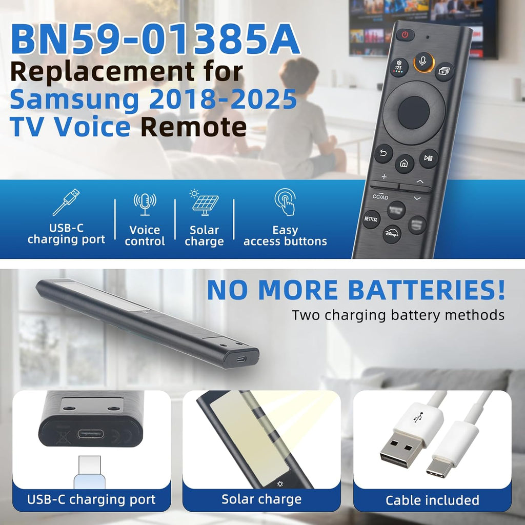 BN59-01385A Solar Voice Remote Replacement for Samsung TVs (2018-2025 Models) Universal Compatible with Smart, Neo OLED, The Frame, Crystal UHD 4K/8K TVs Rechargeable via Solar USB-C, 4 Shortcut Keys