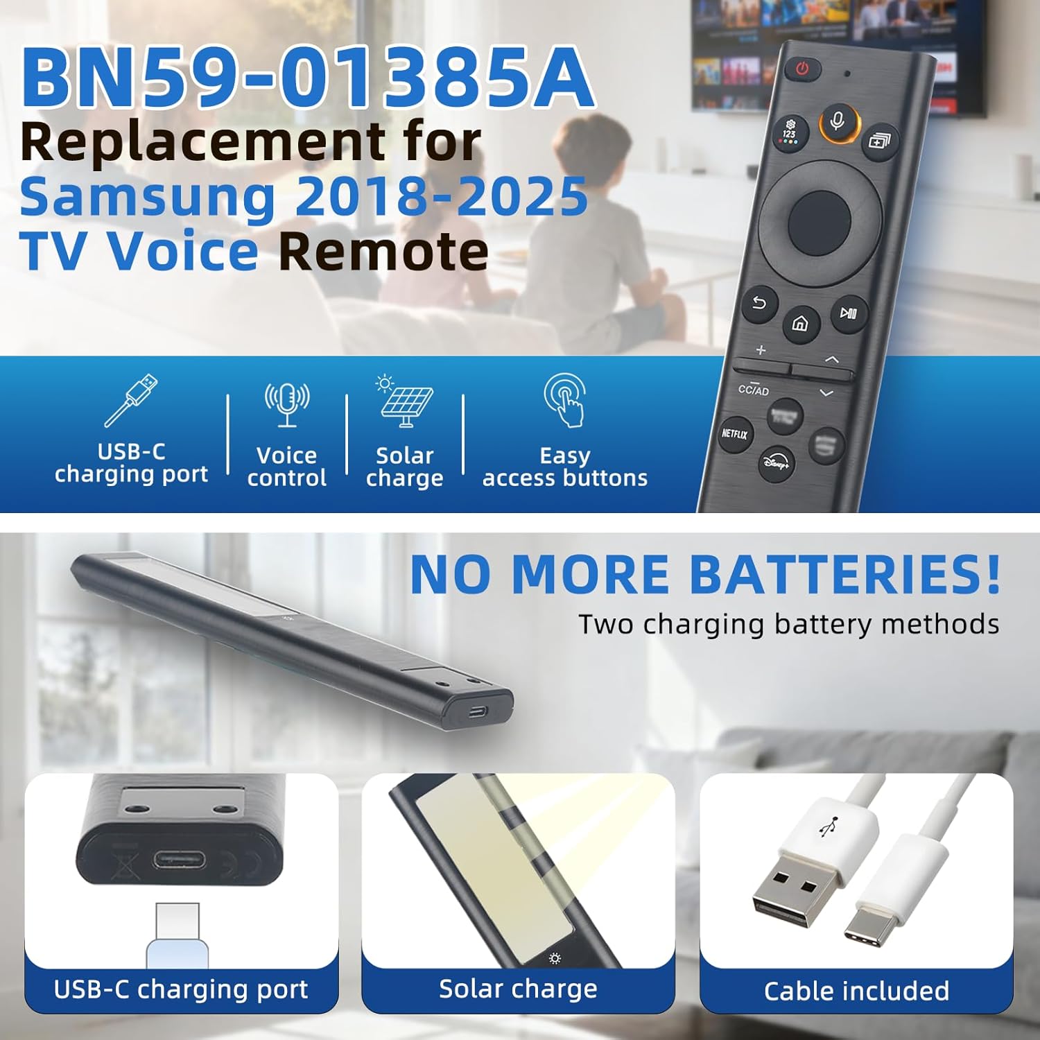 BN59-01385A Solar Voice Remote Replacement for Samsung TVs (2018-2025 Models) Universal Compatible with Smart, Neo OLED, The Frame, Crystal UHD 4K/8K TVs Rechargeable via Solar USB-C, 4 Shortcut Keys