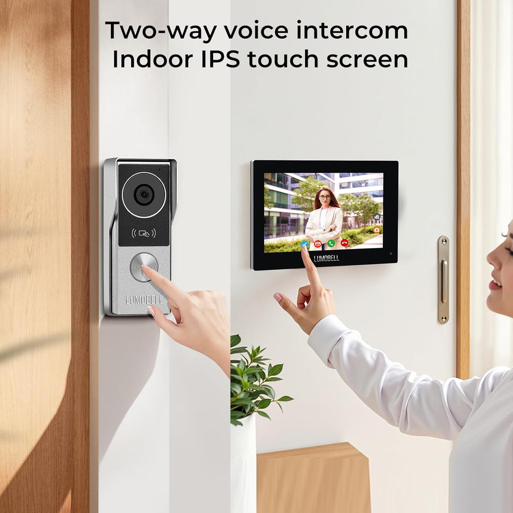 2-Wired video intercom system,Video Doorbell Camera with Monitor, 1080P 7-inch Touch Screen, video door phone,Night Vision, 130° Wide Angle, Tuya App Remote Unlock, Waterproof, No Monthly Fees