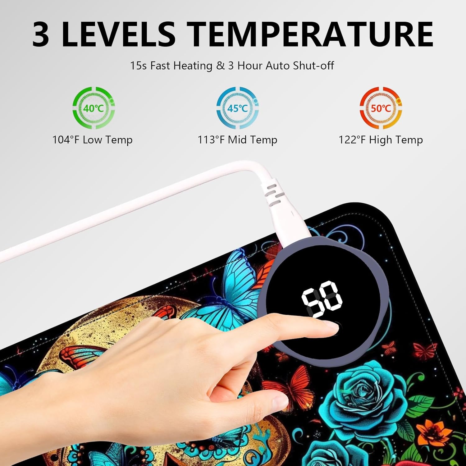 Heated Mouse Pad with 3 Levels Heated & 3 Hours Auto Shut-Off Mouse Pad for Warming Hands in Office Home, 23.6" x 14.2"Large Safe Desk Mat Hand Warmer，Skull Butterfly Blue Rose