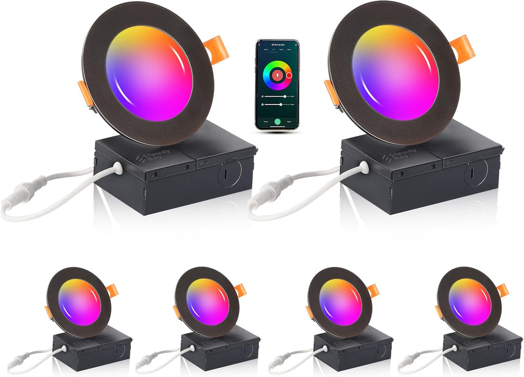 [6 Pack] CLOUDY BAY 4inch Smart WiFi LED Recessed Lights,RGB Color Changing Recessed Lighting,Compatible with Alexa and Google Home Assistant,10W 2700K-6500K,CRI90+ Wet Location,Oil Rubbed Bronze