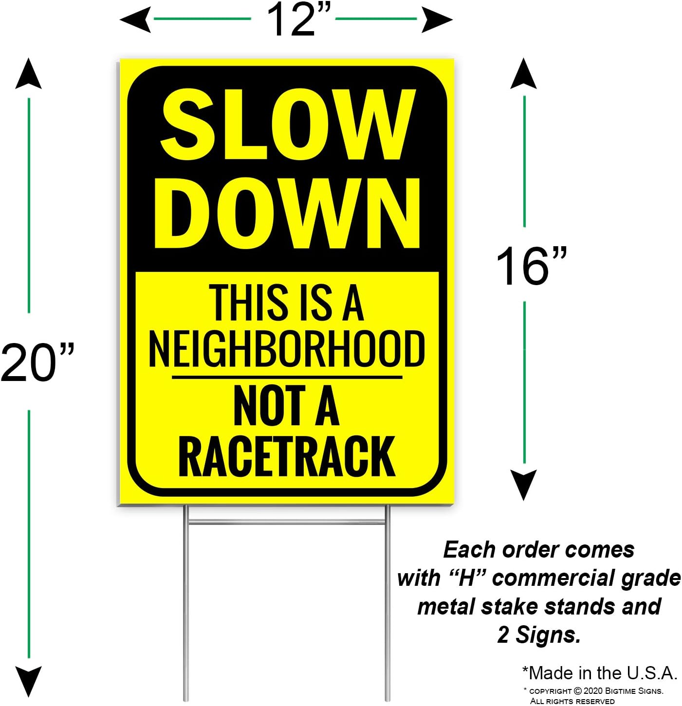 Bigtime 2 X Slow Down Sign 16" x 12" - Double-Sided Kids At Play Signs with Metal H-Stake for Neighborhoods - Durable & Funny Slow Man Sign for Ensuring Child Safety - Thoughtful Gift Idea