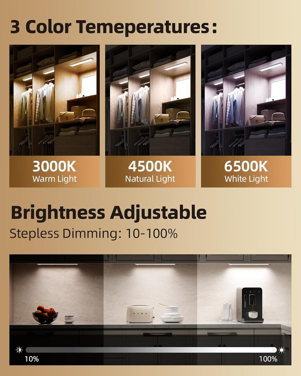 4Pack 12inch Under Cabinet Lighting, Rechargeable Motion Sensor Light Wireless Indoor, Dimmable 3 Color Temps Closet Lights with Remote, Indoor Under Counter LED Lights for Kitchen, Stairs