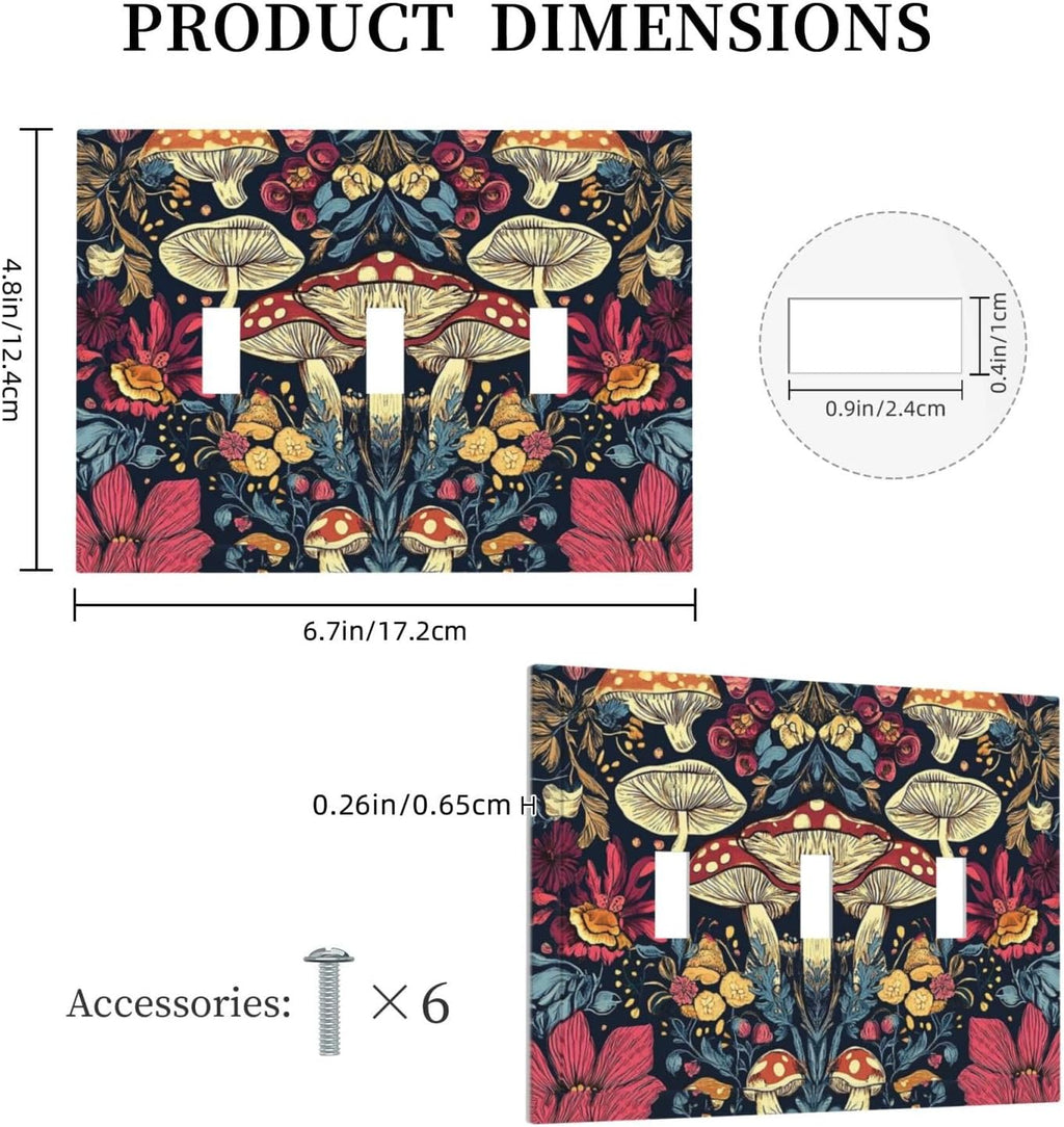 Decorative Light Switch Cover Plate Coloful Red Yellow Orange Magical Mushroom Forest 3 Gang Wall Plate Triple Toggle Switch Plate Covers Electrical Outlet Cover for Bedroom Home Decor