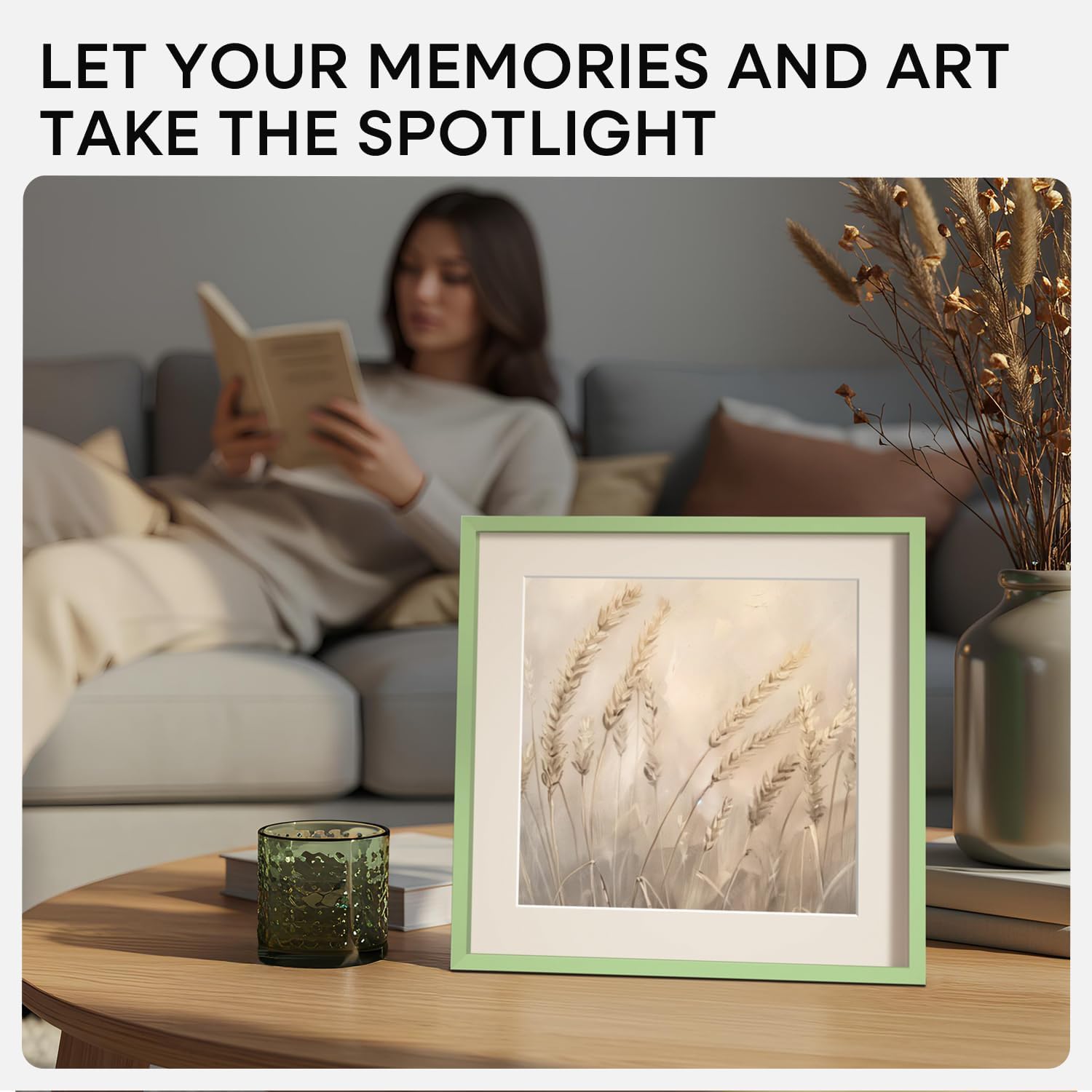 Homeforia 10x10 Picture Frame Sage Green, High End Metal 10 by 10 Square Frames with Mat 8 x 8 Photo, 10by10 Poster Frame Matted to 8x8 Art, Wall or Tabletop Frames, Tempered Glass, Wall Kit, Set of 2