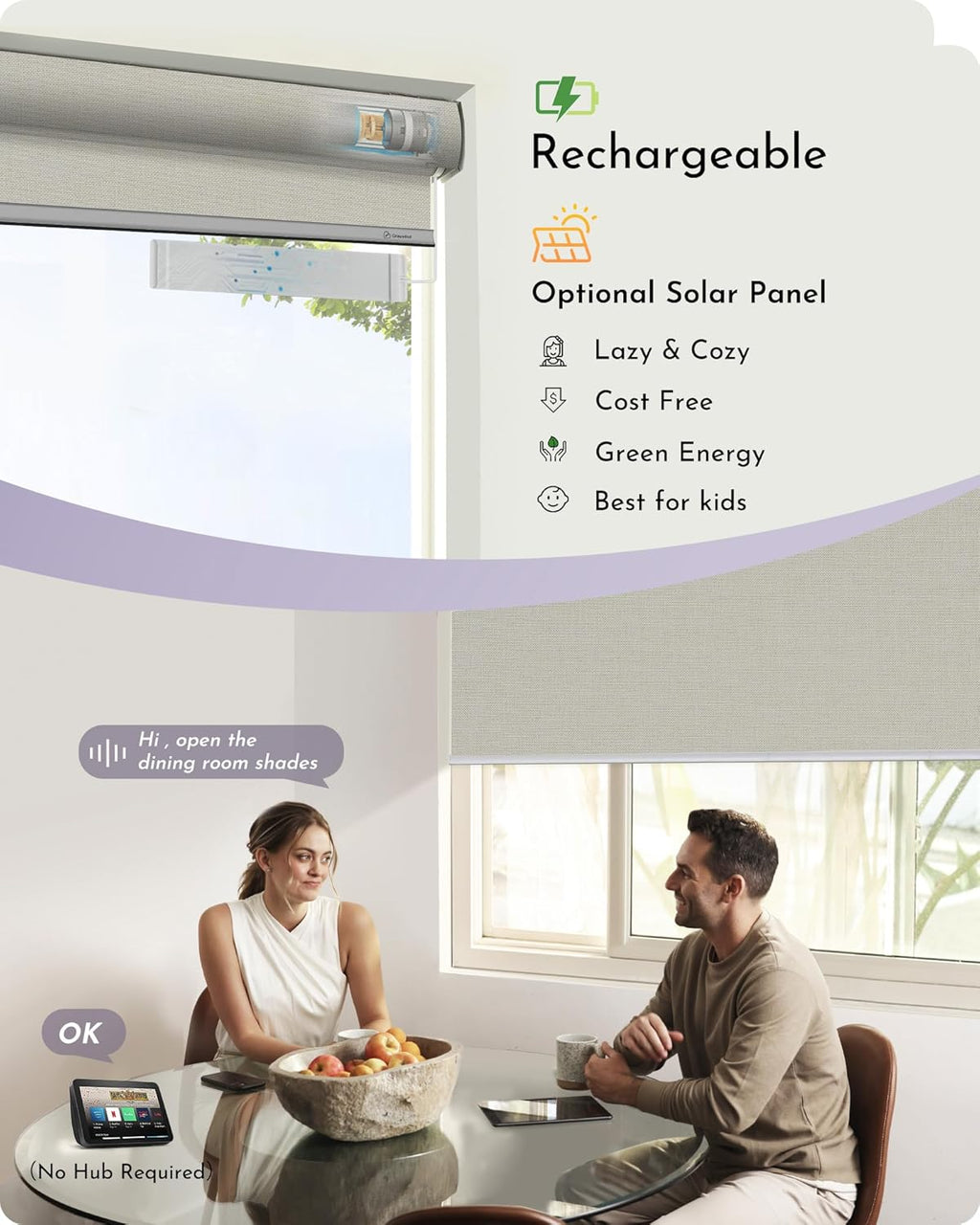 Graywind Smart Blackout Roller Shades Compatible with Alexa Google Triple Weaved Fabric Rechargeable Motorized Blinds Cordless Remote Control Window Shades, Custom Size (Beige White)