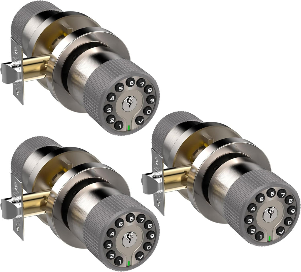 Keypad Door Knob with Key,Keyless Entry Door Lock, Code Locks Door Knob, Auto Lock,50 User Code,Easy to Install,for Home,Office,Hotel,Bedroom,Garage,No Deadbolt(3 Pack Nickel Key Alike)