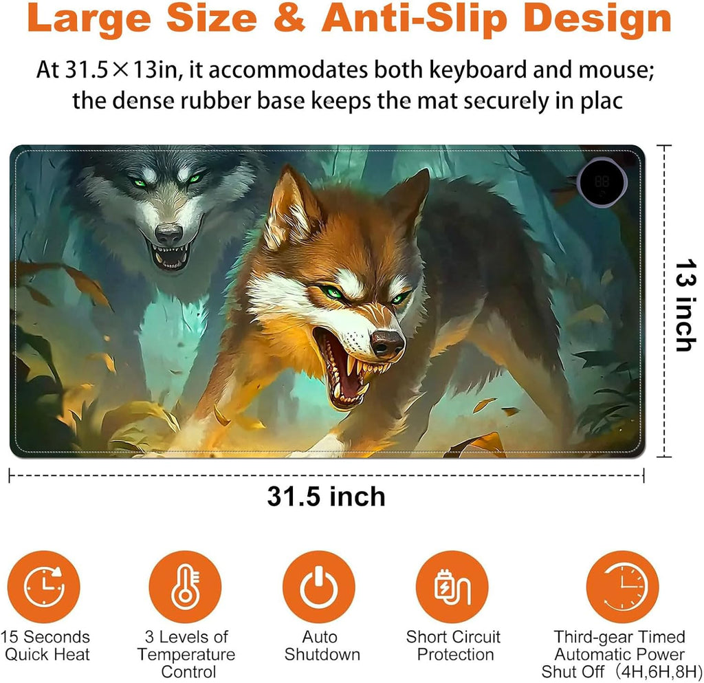 Heated Mouse Pad for Desk 31.5" x 13" – PU Leather Warm Desk Pad with 3 Heat Levels (104°F/113°F/122°F), Plug-in Electric Heating Mat with Auto Shut-Off, Waterproof & Rollable, Forest Wolves