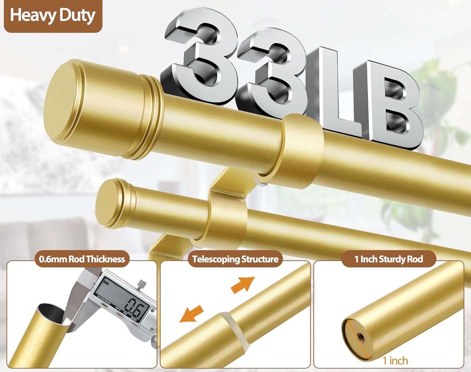 Double Curtain Rod 32 to 86 Inch, HOTOZON 1 Inch Heavy Duty Double Curtain Rods for Windows 20 to 82 Inches(1.7-6.8 ft), Telescoping Drapery Rod with Simple End Finials, Gold