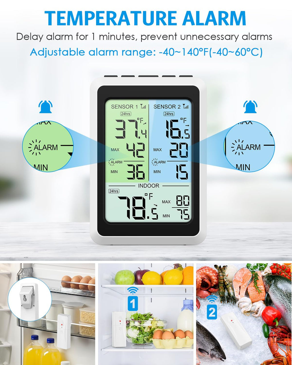 AMIR Upgraded Digital Refrigerator Thermometer with Alarm – 4.5” Wireless Fridge & Freezer Thermometer with 2 Sensors, Backlight Color Screen, MAX/MIN Records for Home, Restaurant & Wine Cellar Use