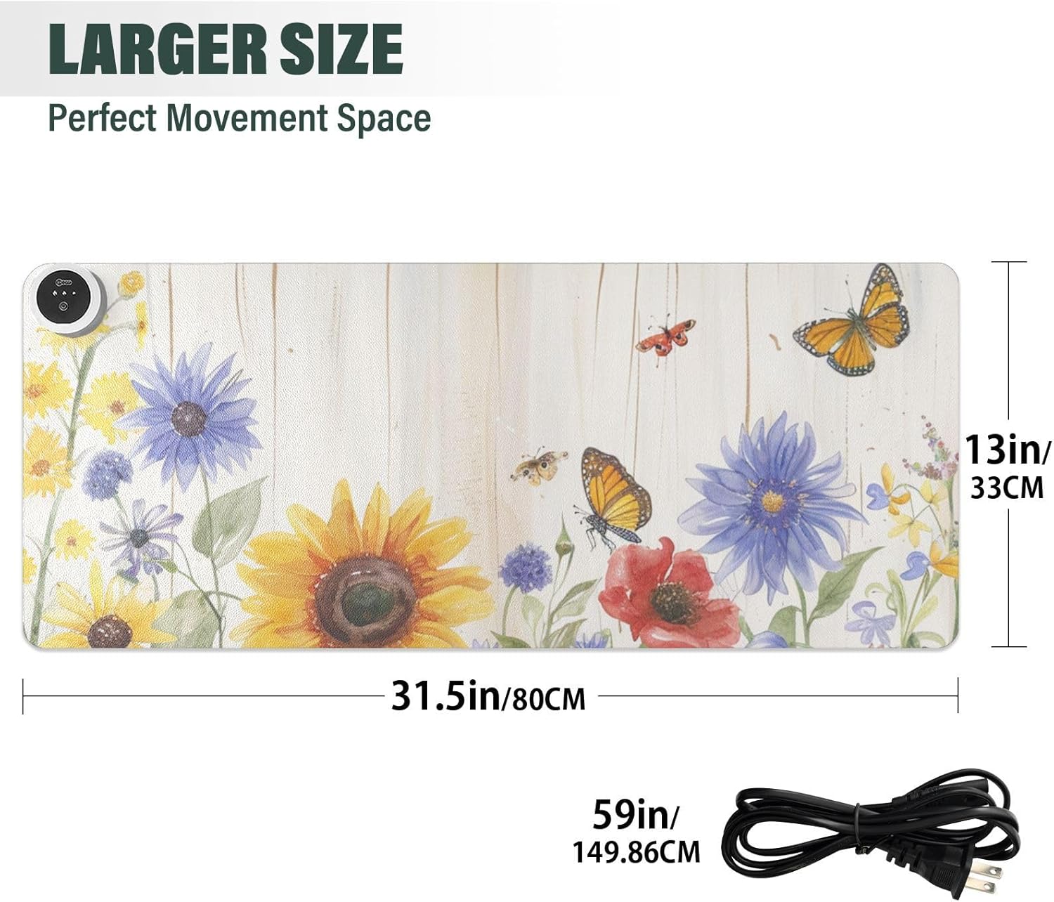 Heated Desk Pad Mouse Pad 31.5x13 Inch PU Leather Desk Mat with 3 Heat Levels Large Mouse Gaming Computer Laptop Mat Watercolor Cornflower Butterfly