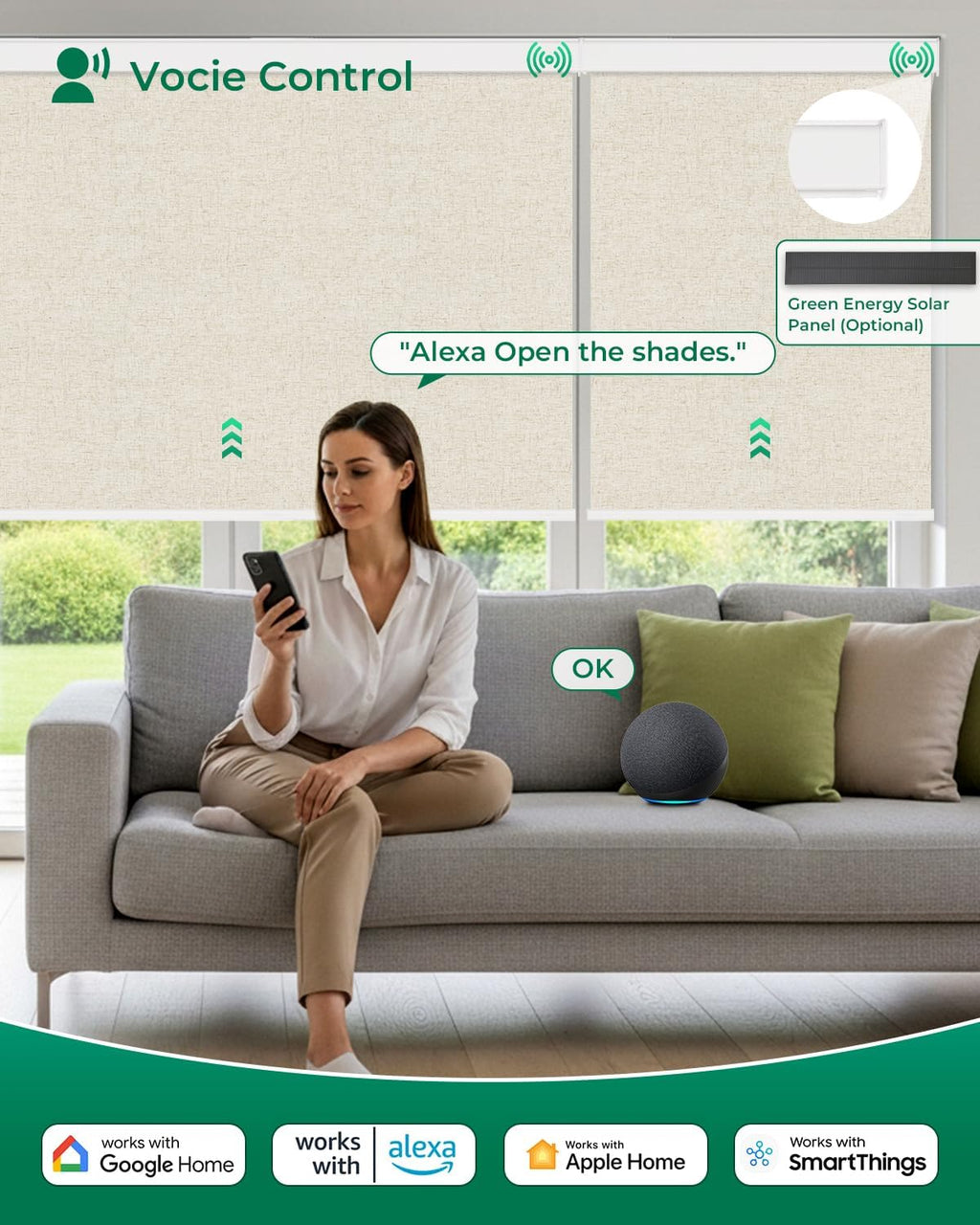 Allesin Motorized Roller Blinds – Rechargeable Smart Shades with Remote & Quiet Motor, Top/Bottom Aluminum Rails, Alexa-Compatible for Window (Custom Size, 100% Blackout Sand-Linen)