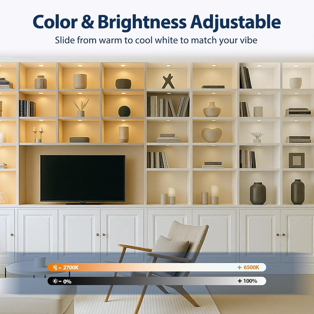 V4light LED Puck Lights, Smart Under Cabinet Lighting with Remote Control, Color Temperature Adjustable, Works with Alexa & Google Home, Plug-in Lights for Kitchen, Counter, Closet, Shelf (6 Pack)