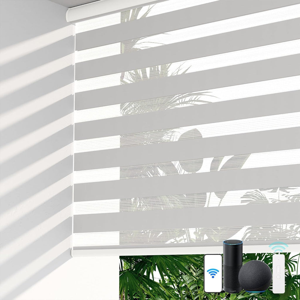 LazBlinds Motorized Zebra Roller Shades, Rechargeable Smart Blinds with Remote Control, Custom Size Light Filtering Dual Layer Roller Sheer Shades, Grey