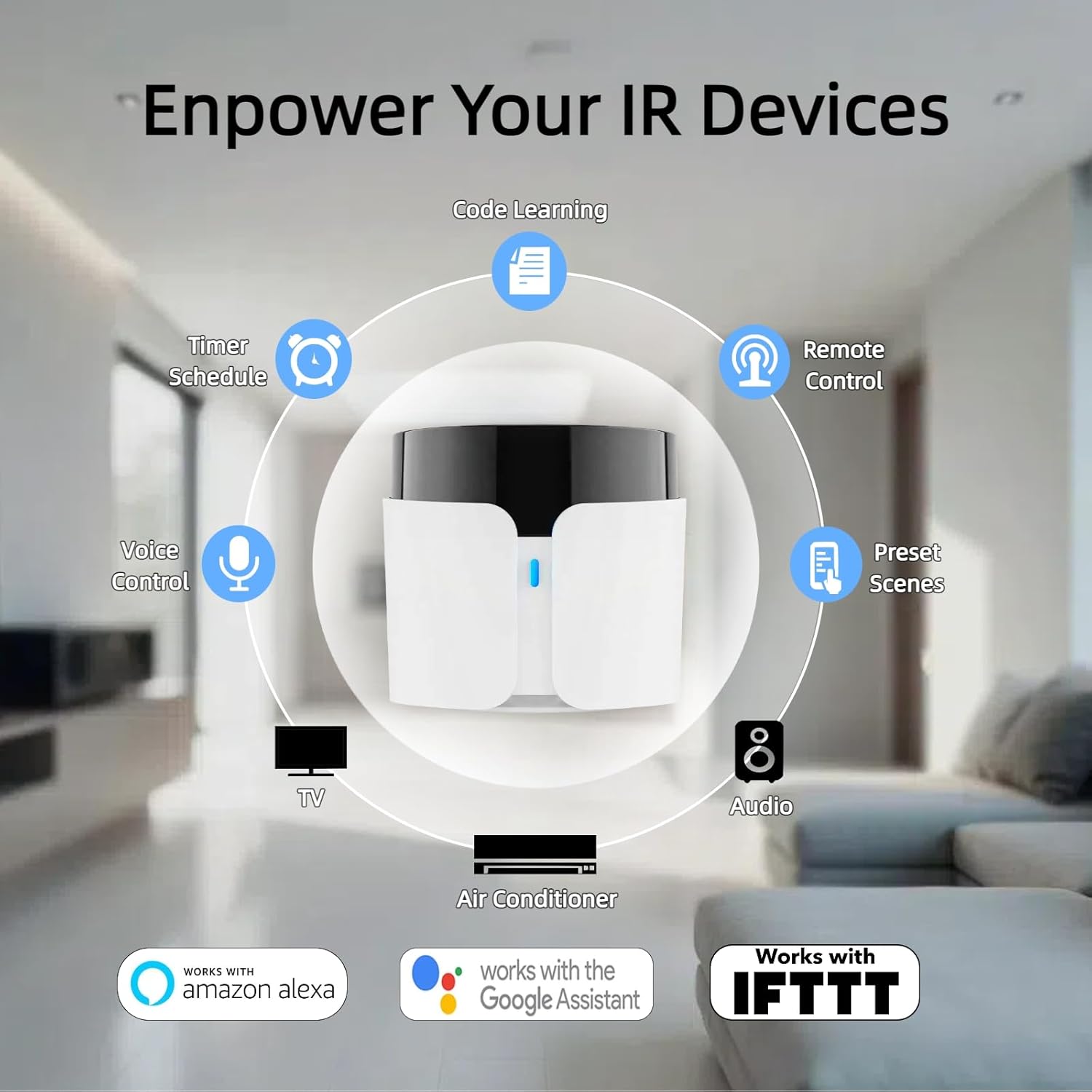 BroadLink RM5plus Smart Infrared Remote, All-in-One Universal Control Hub with Wi-Fi & IR, Voice Control via Alexa & Google Home for TV/AC, Remote Control, Timers & Scenes