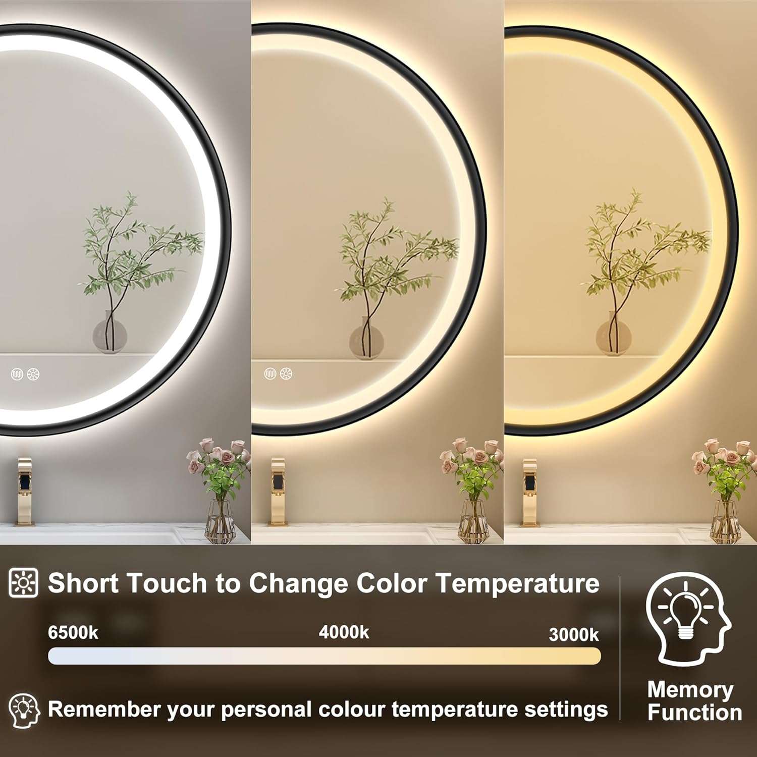 S'bagno 32'' Round Black LED Mirror for Bathroom with Frontlit & Backlit, LED Vanity Mirror with Metal Frame, Anti-Fog, Stepless Dimmable, 3 Color Temperature