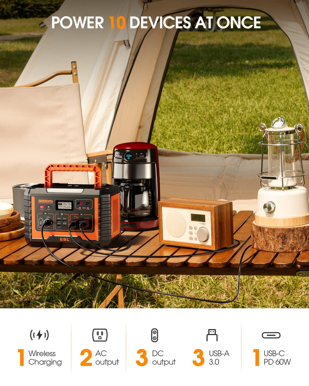 EBL Portable Power Station 1000W, Camping Solar Generator 270000mAh with 110V AC Outlet, PD 60W Fast Charging For Home Camping Emergency Backup