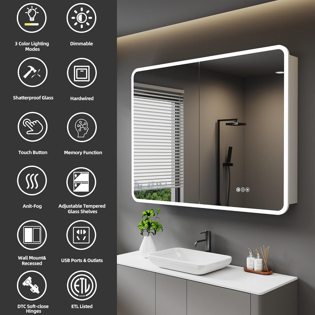 Medicine Cabinet with LED Lights and Mirror, 48 x 32 Inch Surface or Recessed Mounted Bathroom Cabinets with Door, Defogger, Memory Function, 3-Color Mode, Outlet&USB, Dimmer, Storage