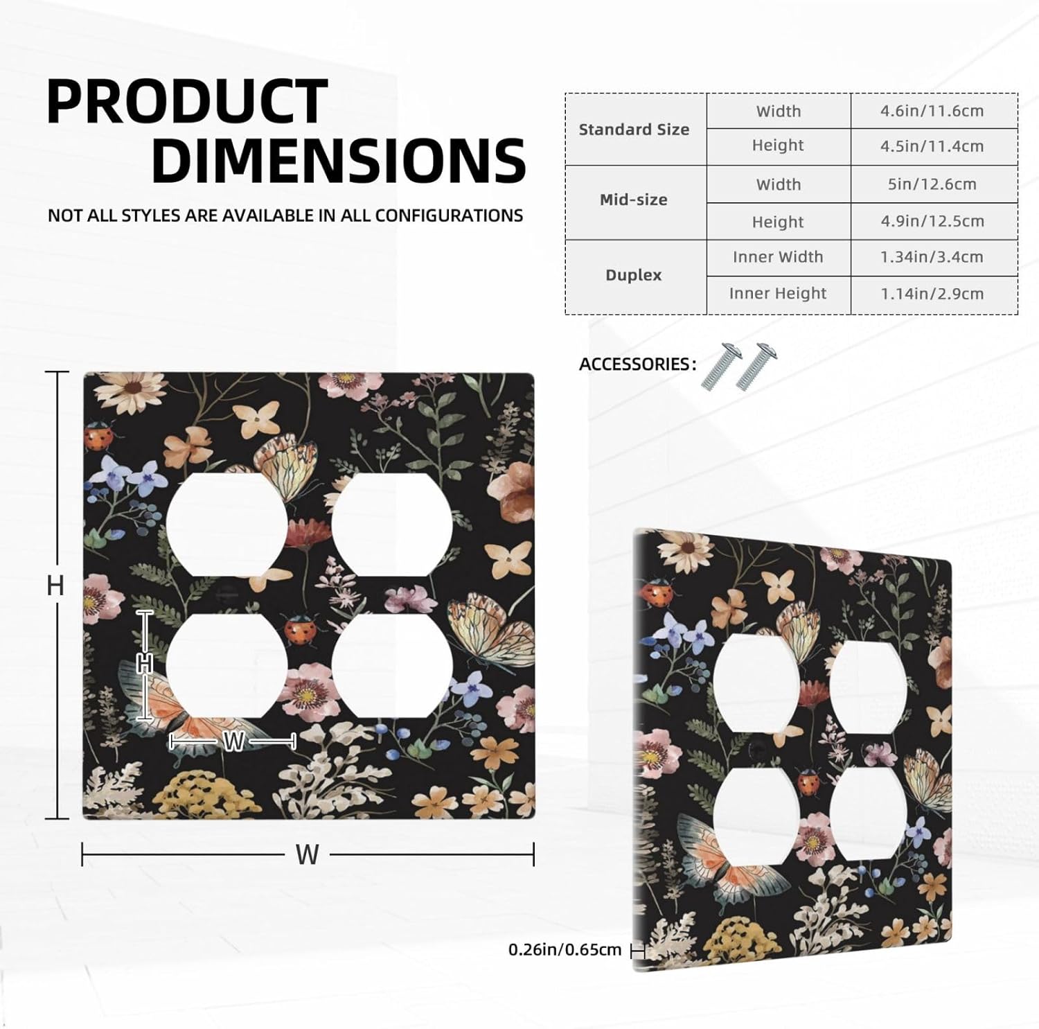 Decorative Outlet Covers Rustic Black Butterfly Flowers Leaves 2 Gang Wall Plate Cover Double Duplex Receptacle Two Switch Light Switch Cover Plate Jumbo Dual Faceplate for Home Decor