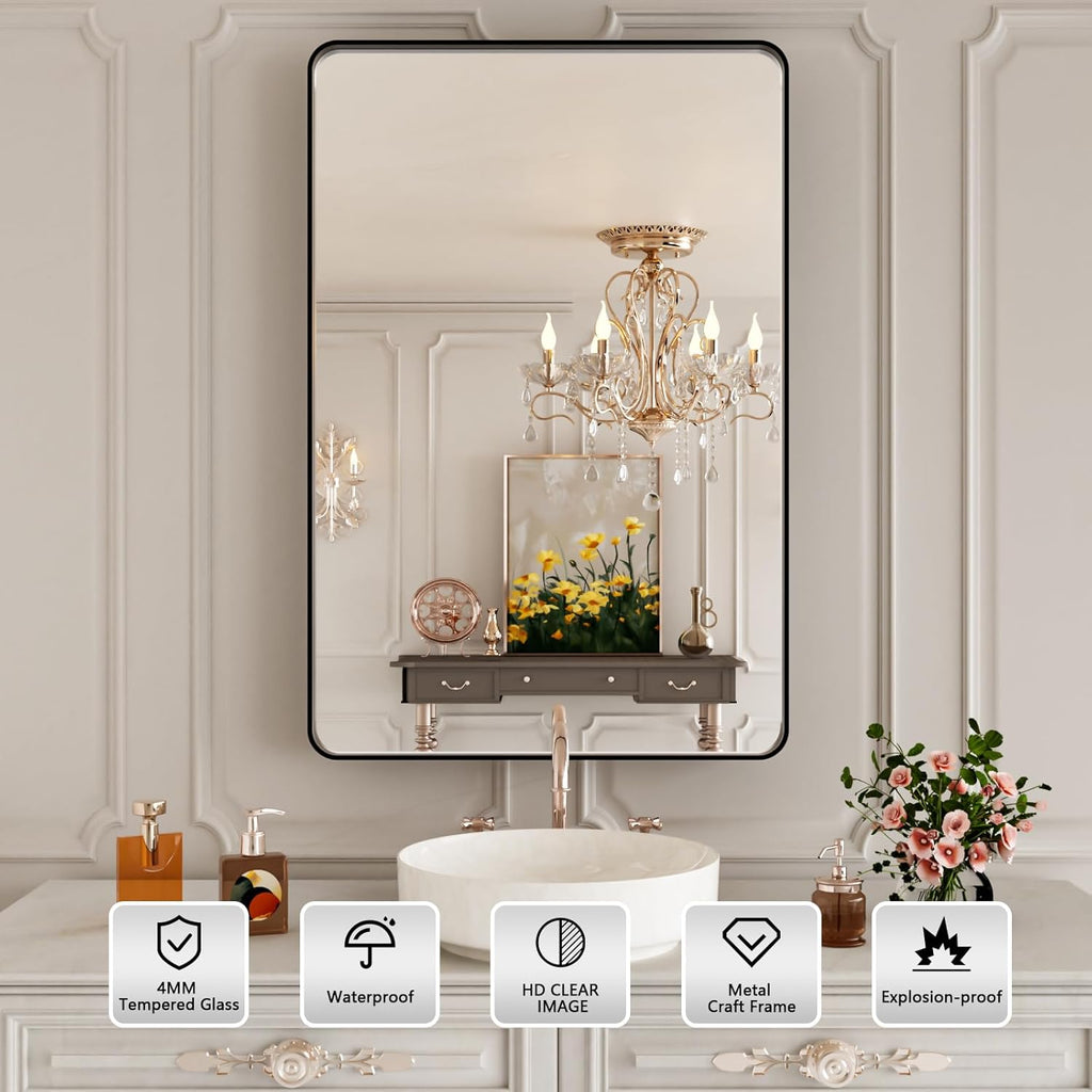 24X36 Inch Matte Black Bathroom Mirror,Bathroom Vanity Mirror for Wall,Rectangular Round Corner Black Metal Framed Mirror(Horizontal/Vertical)