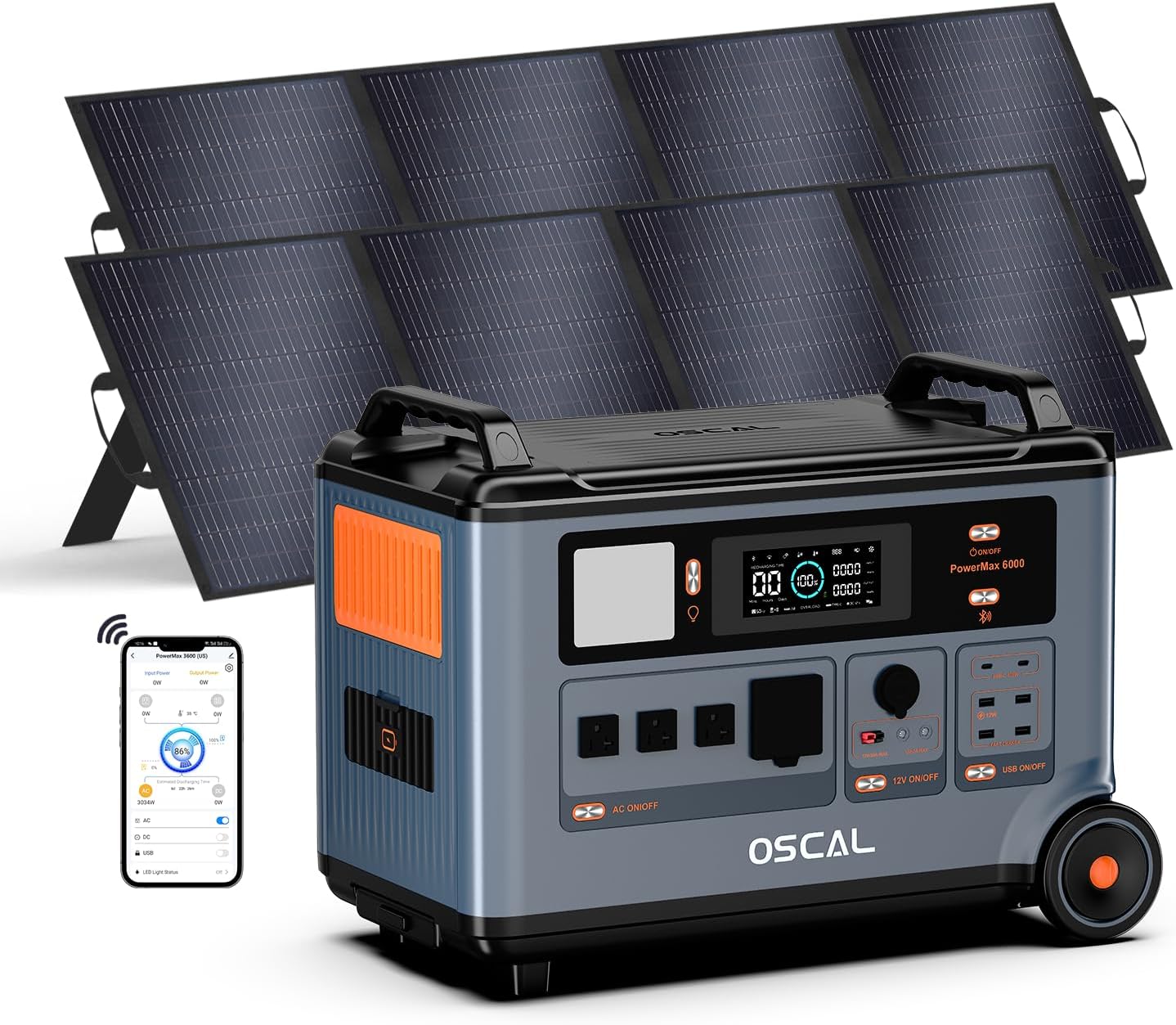 OSCAL 120V/240V Solar Generator 6000W(Peak 9000W) with 2x200W Solar Panel,Promax6000 Dual Voltage 3600WH Lifepo4 Battery Portable Power Station with 14 Outlets,2200W 1.96H Fast Charge,for Home Backup