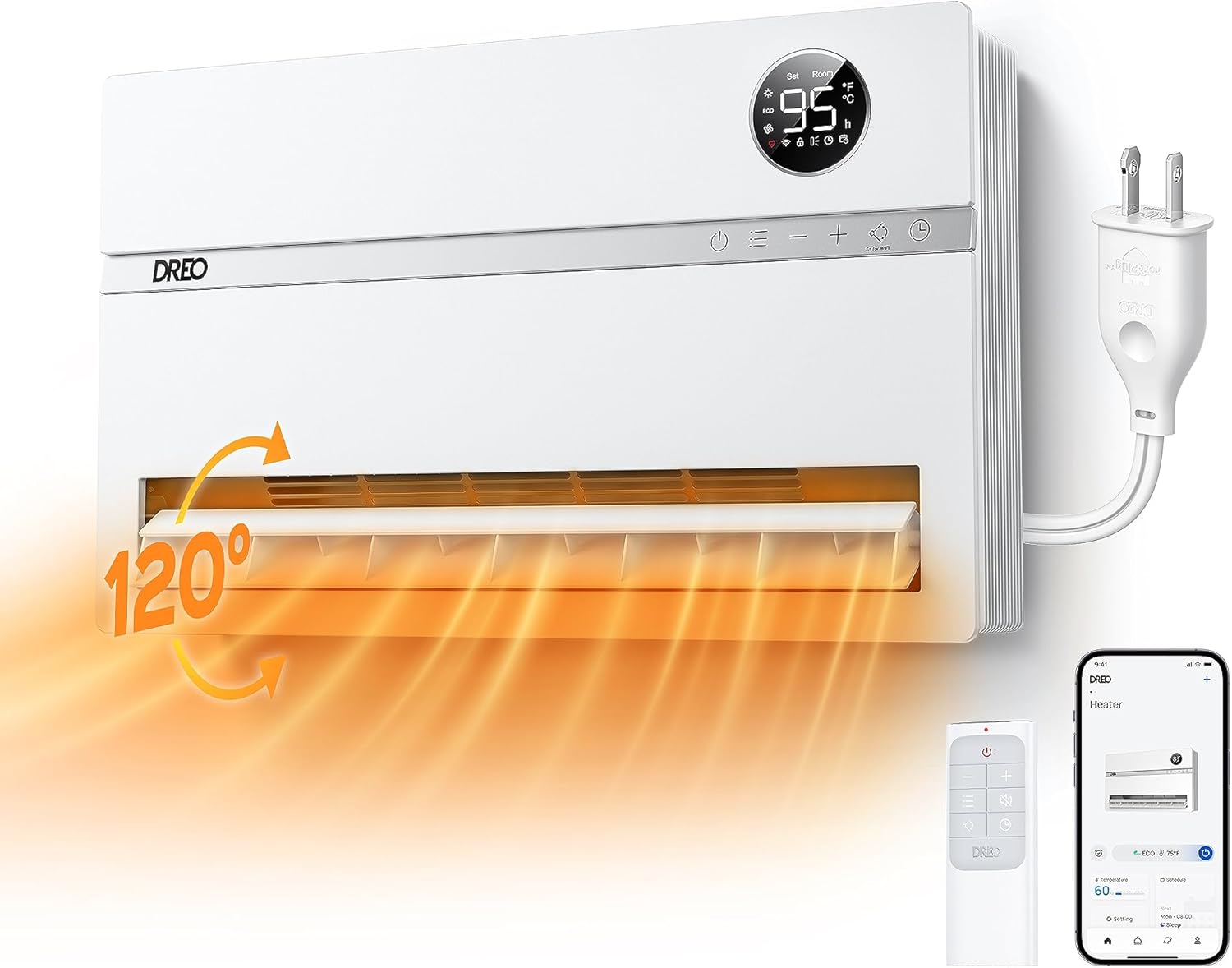 Dreo Wall-Mounted Heater, Smart Space Heater for Bedroom with Dreo FortPlug Overheat Protection, 120° Vertical Oscillation, Thermostat, 24H Timer, 1500W Electric Heater for Indoor, WH729S