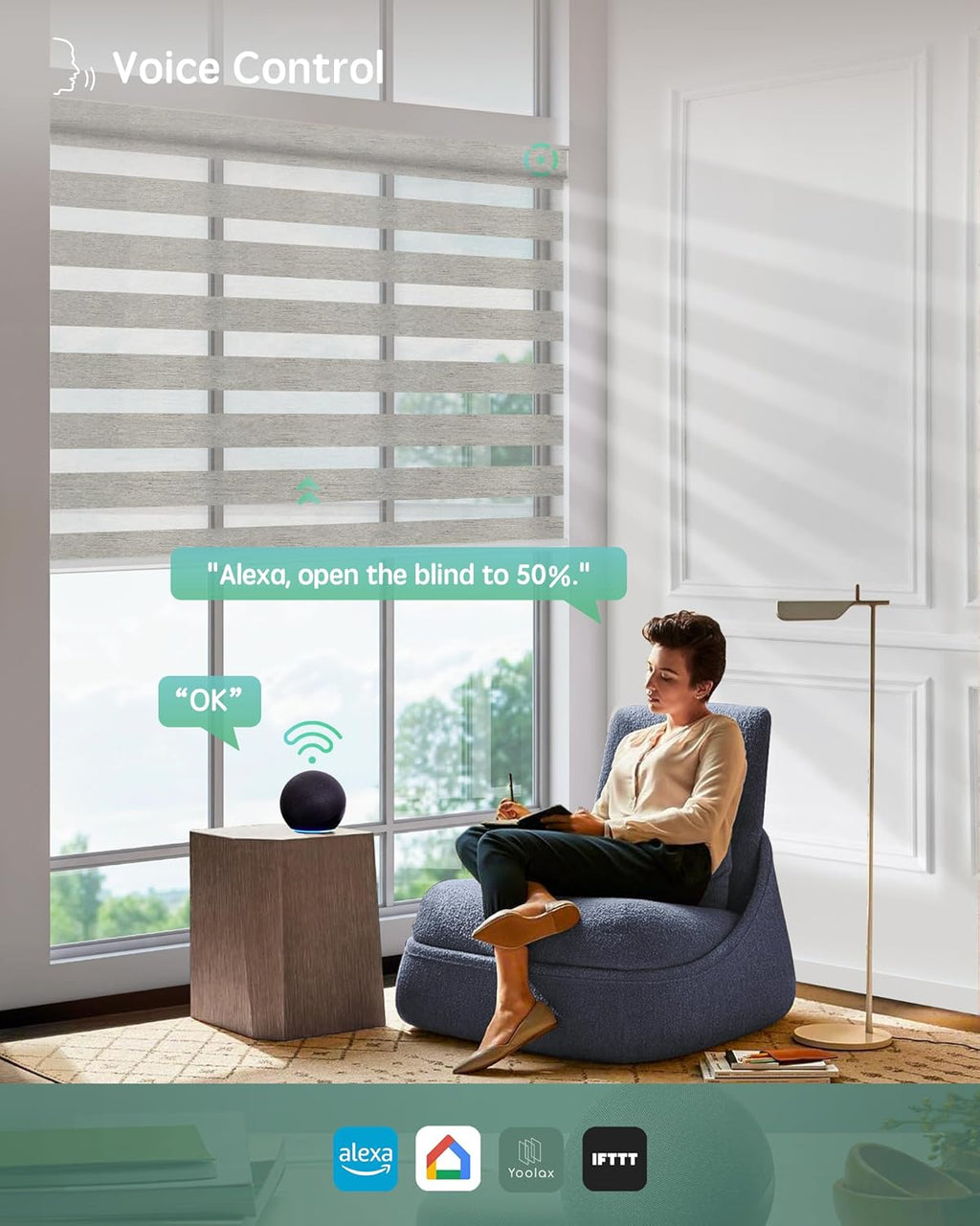 Yoolax Motorized Zebra Blinds Compatible with Alexa, Smart Dual Layer Shades with Privacy Light Control, Electric Horizontal Window Blind Customized Size for Home Office (Warm Silver)