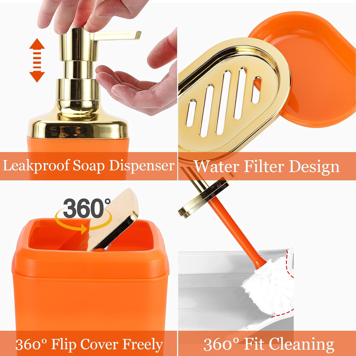 Orange Bathroom Accessories, Bathroom Sets with Stripe Shower Curtain, Orange and Gold Bathroom Accessories Set with Trash Can, Soap Dispenser, Soap Dish, Qtip Holders for Bathroom