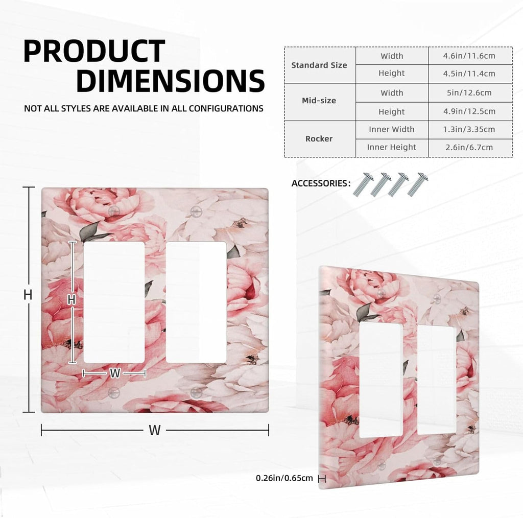 Decorative Outlet Covers Ink Pink Peony Flower Rustic Floral 2 Gang Light Switch Cover Plate Double Rocker Wall Plate Switch Plate Covers Faceplate for Home Bedroom Decor （2 Pack）