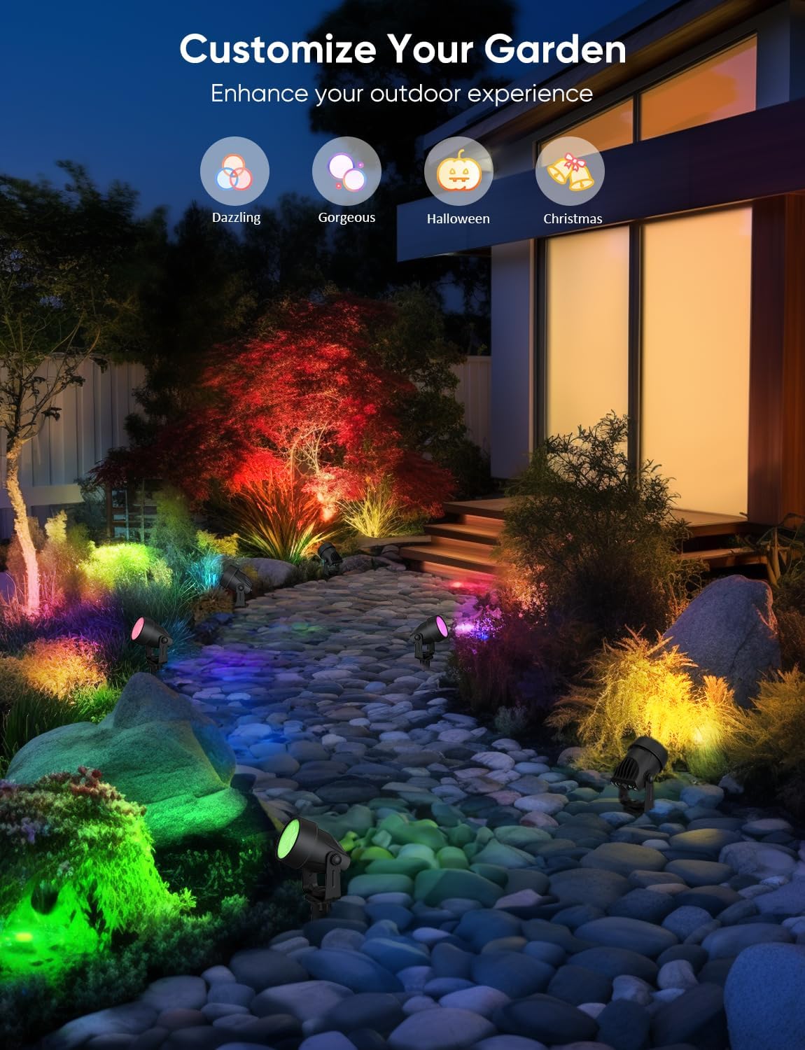 APPECK Spot Lights Outdoor, RGBW Low Voltage Landscape Lighting, Color Changing Uplighting Spotlights with App, IP65 Waterproof LED Outdoor Lights for Garden Yard Outside Decoration, 4 Pack