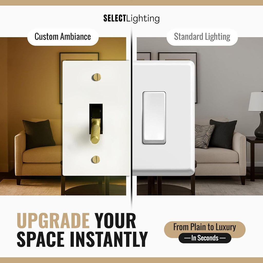 Select 15A 120V AC 2-Gang Toggle Switch, White with Solid Brass Vintage Style Single Pole 3 Way Compatible Wall Mount Toggle Switch, Included Faceplate & Switch Module, UL Listed