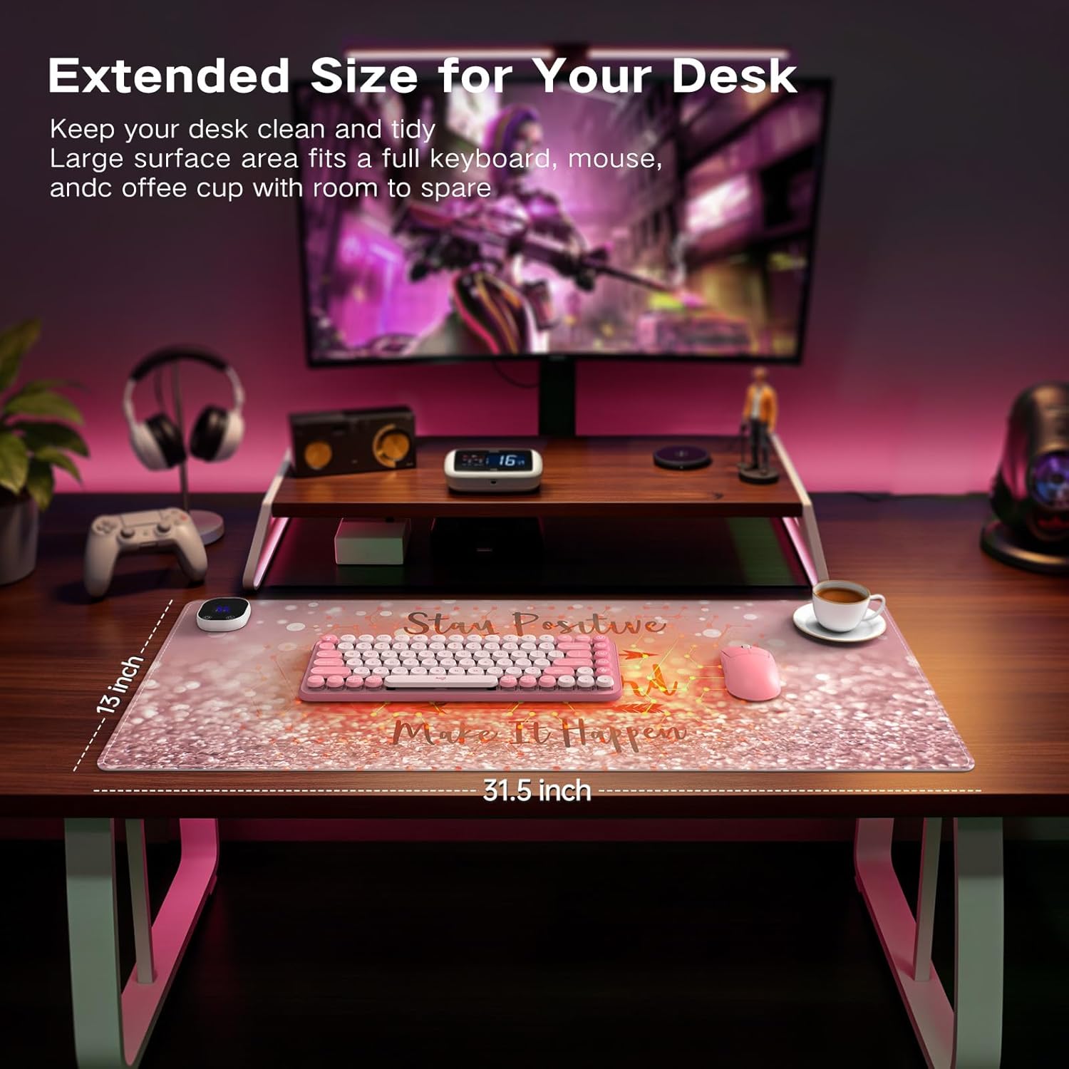 iCasso Heated Mouse Pad, Pink Mouse Pad, XL Aesthetic Heated Desk Pad with 4 Heating Levels for Computer Keyboard, 31.5" x 13" Large Mousepad for Home Office Work (Pink Stay Positive)