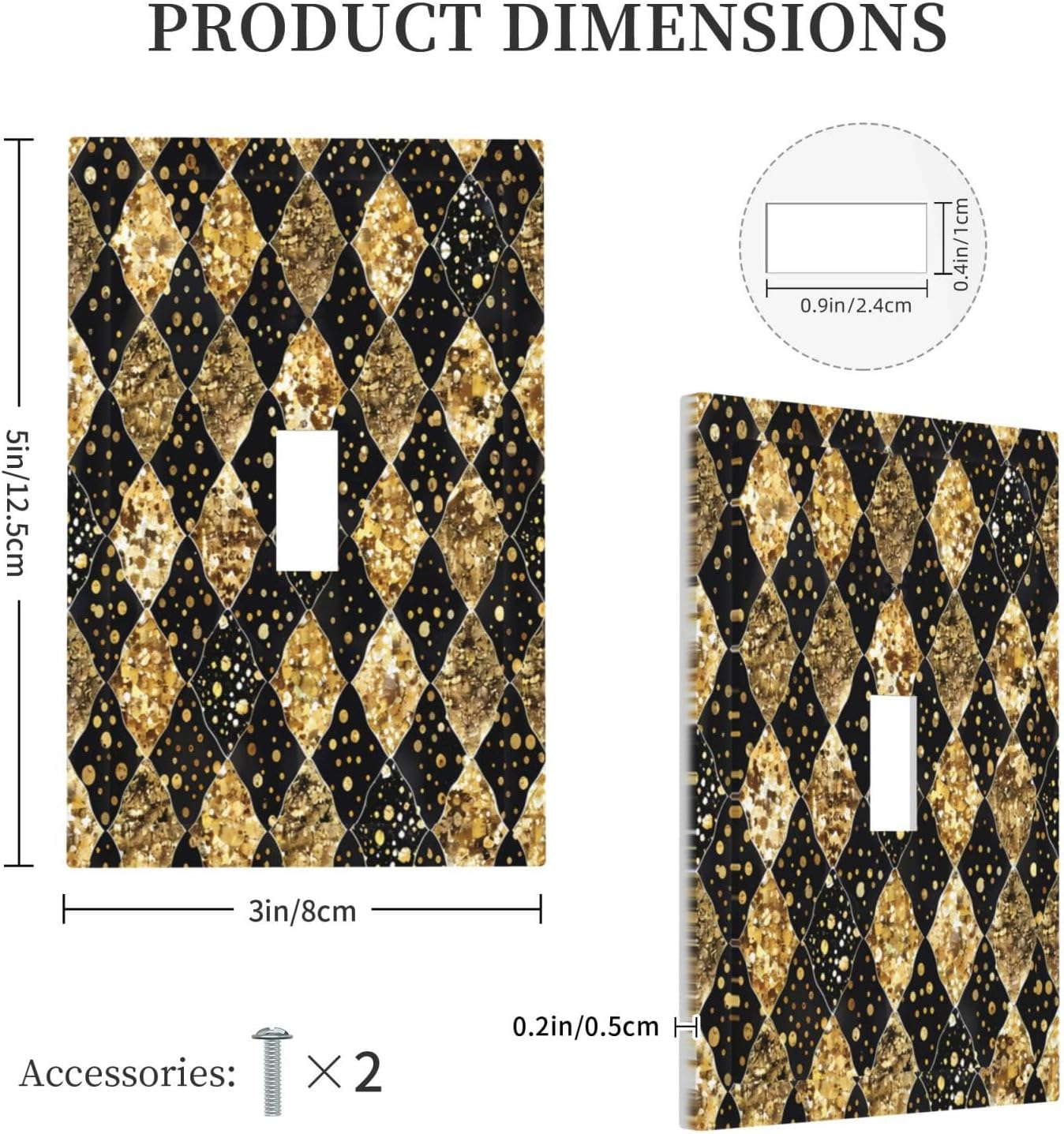 Gold Black Marble Geometric Plaid Glitter Decorative Light Switch Cover 1 Gang Single Toggle Decorator Outlet Wall Plate Device Electrical Faceplate Switchplates for Bedroom Bathroom Decor